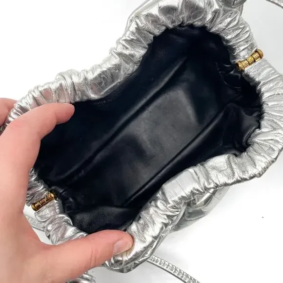 Mansur Gavriel Mini Cloud Clutch Bag Silver Metallic Leather Crossbody Strap - Picture 14 of 15